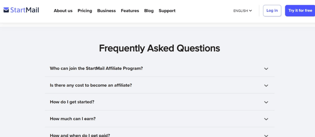 startmail FAQ section for affiliate program