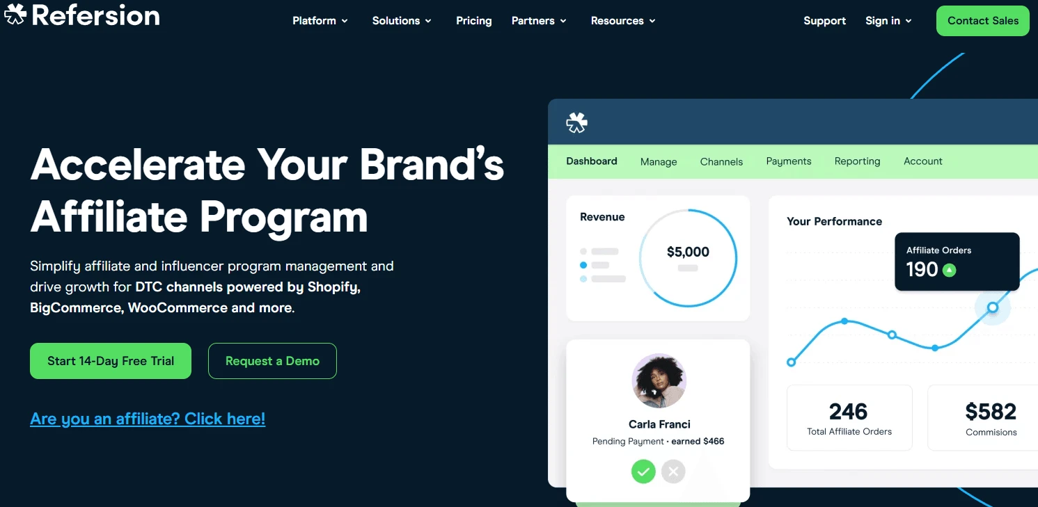 Screenshot of Refersion platform – Affiliate marketing software